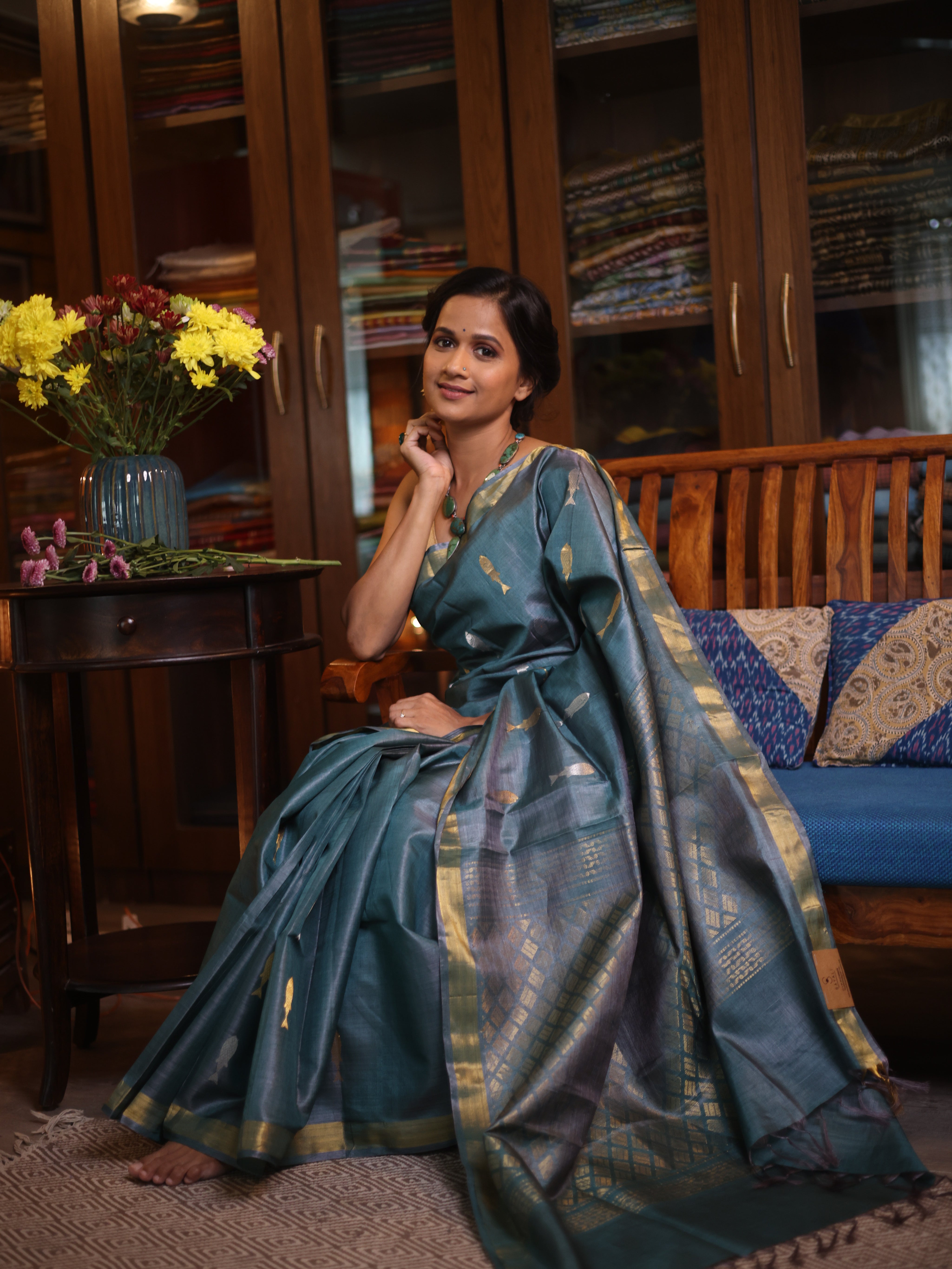 Teal Blue Kosa Tussar Silk Saree - SRTBKTSS853
