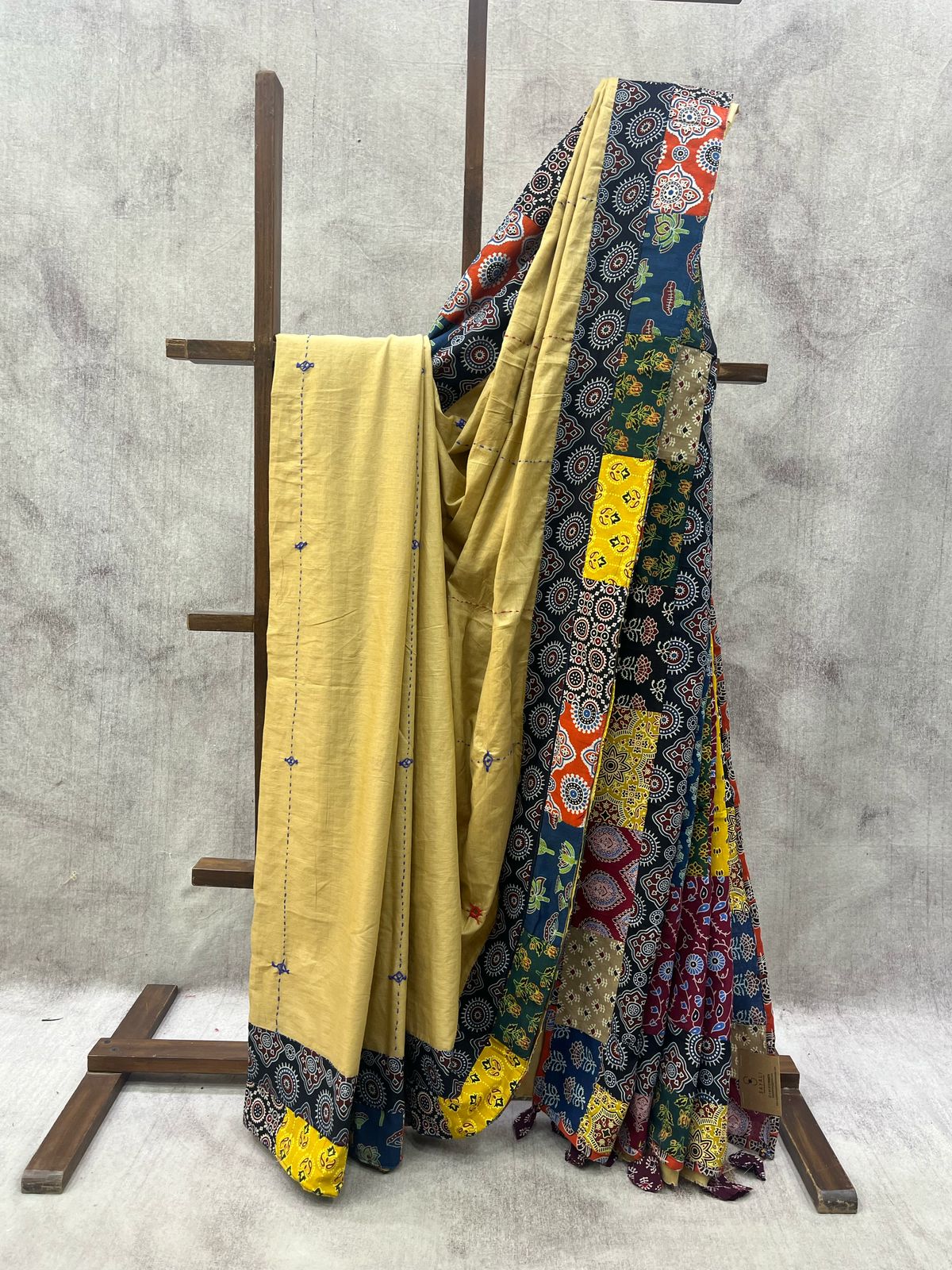 Beige Cotton Patchwork Saree-SRBCPS219