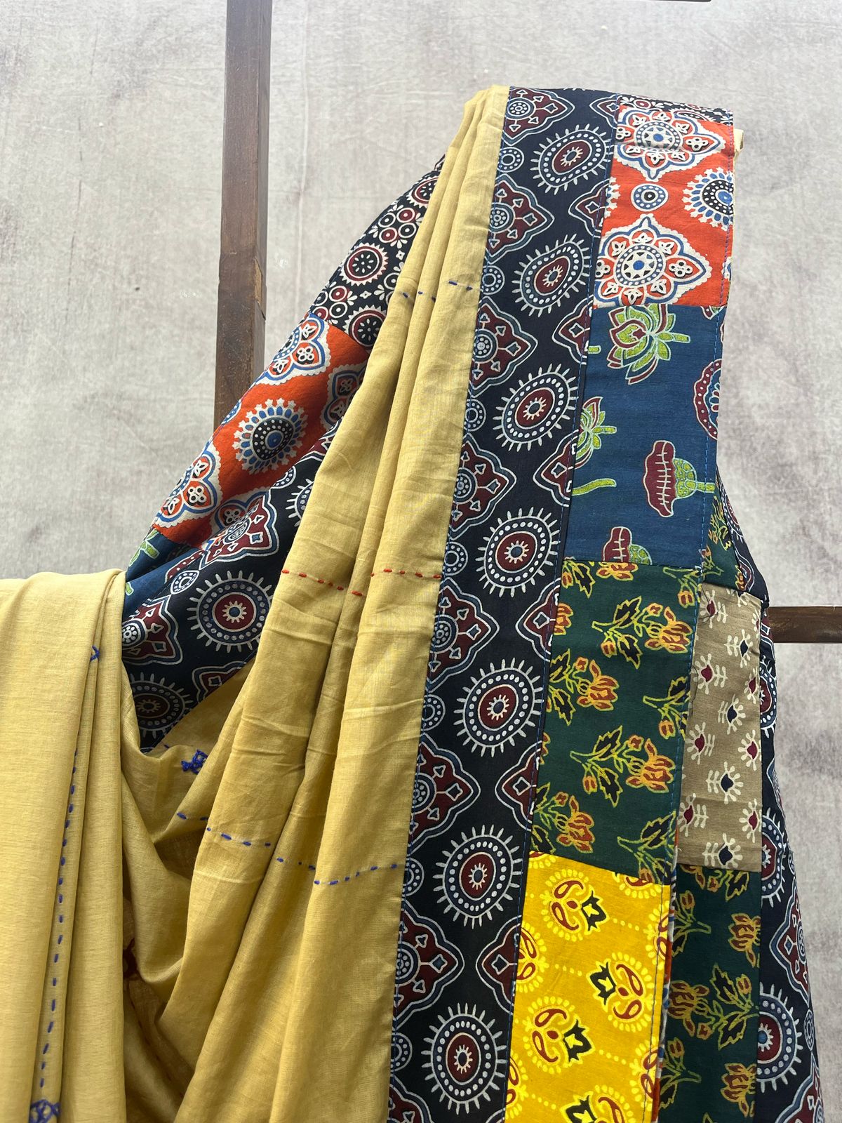 Beige Cotton Patchwork Saree-SRBCPS219