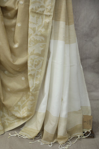 Beige Mul Cotton Jamdani Saree-SRBMCJS138