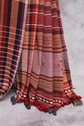 Maroon Stripes Cotton Bhujodi Saree - SRMSCBS5