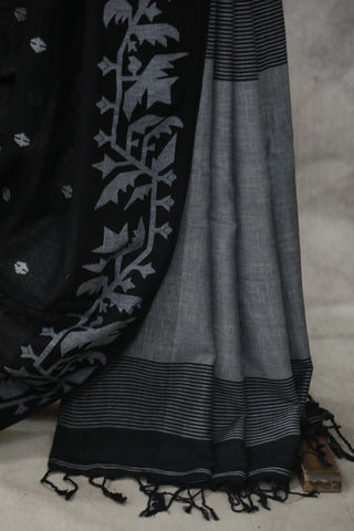 Black Mul Cotton Jamdani Saree-SRBMCJS135