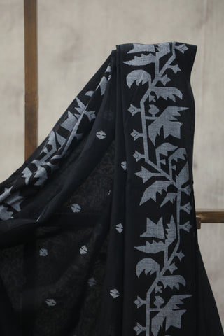 Black Mul Cotton Jamdani Saree-SRBMCJS135