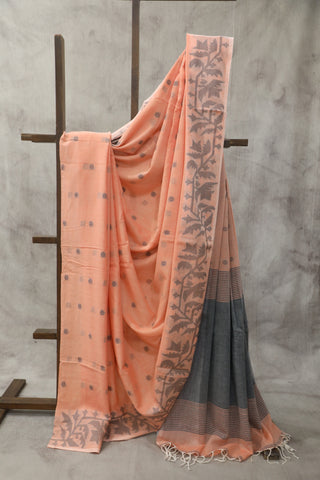 Peach Mul Cotton Jamdani Saree-SRPMCJS133