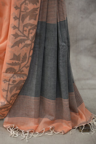 Peach Mul Cotton Jamdani Saree-SRPMCJS133