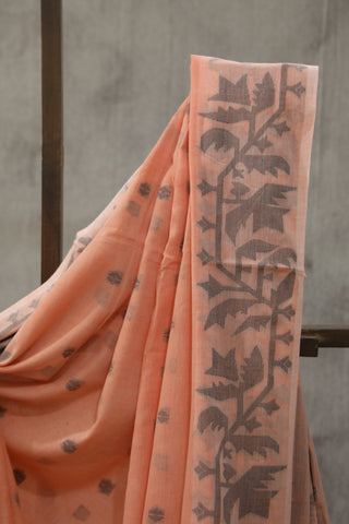 Peach Mul Cotton Jamdani Saree-SRPMCJS133