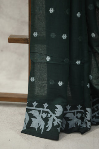 Dark Green Mul Cotton Jamdani Saree-SRDGMCJS143