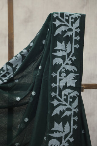 Dark Green Mul Cotton Jamdani Saree-SRDGMCJS143