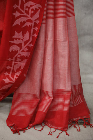 Red Mul Cotton Jamdani Saree-SRRMCJS141