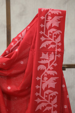 Red Mul Cotton Jamdani Saree-SRRMCJS141