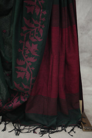 Dark Green Mul Cotton Jamdani Saree - SRDGMCJS156