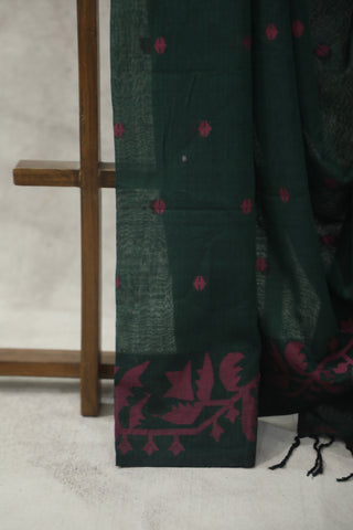 Dark Green Mul Cotton Jamdani Saree - SRDGMCJS156