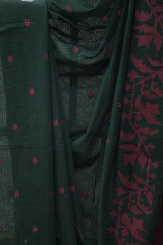 Dark Green Mul Cotton Jamdani Saree - SRDGMCJS156