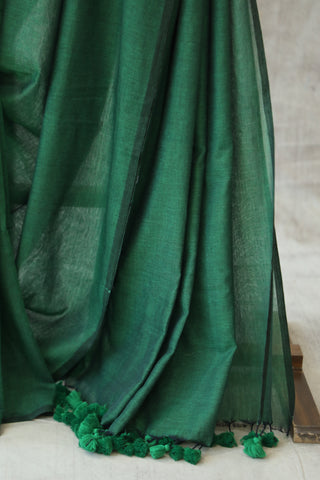 Bottle Green Mulmul Cotton Saree-SRBGMCS12EX