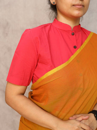 Red Stand Collar Plain Cotton Blouse