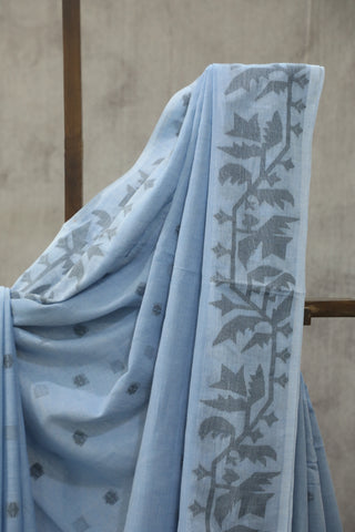 Sky Blue Mul Cotton Jamdani Saree-SRSBMCJS164