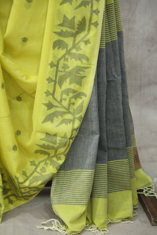 Yellow Mul Cotton Jamdani Saree-SRYMCJS161