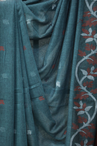 Teal Mul Cotton Jamdani Saree-SRTMCJS161