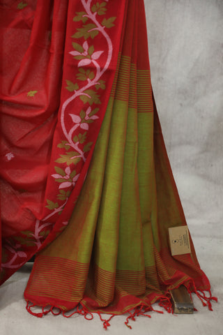 Red Mul Cotton Jamdani Saree-SRRMCJS159