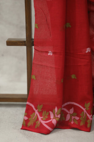 Red Mul Cotton Jamdani Saree-SRRMCJS159