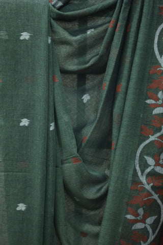 Green Mul Cotton Jamdani Saree-SRGMCJS159