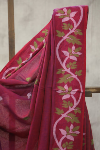 Two Tone Magenta Mul Cotton Jamdani Saree-SRTTMMCJS148