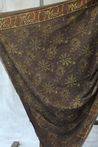 Brown-Yellow Ajrakh HBP Cotton Saree-SRBYAPCS1277