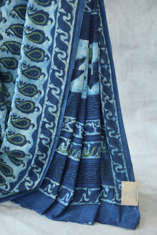 Indigo Ajrakh HBP Cotton Saree-SRIAPCS1278