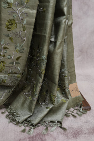 Moss  Green Machine Embroidered Tussar Silk Saree-SRMGMETSS721