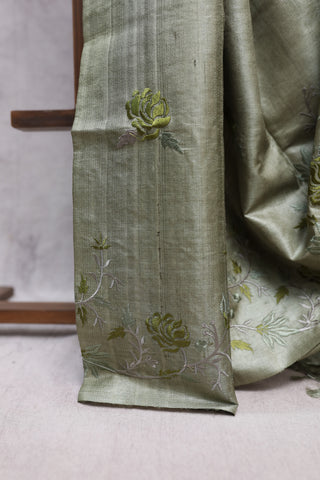 Moss  Green Machine Embroidered Tussar Silk Saree-SRMGMETSS721