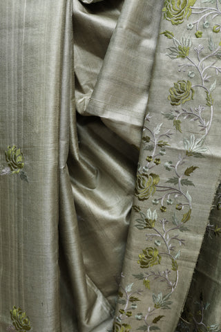 Moss  Green Machine Embroidered Tussar Silk Saree-SRMGMETSS721