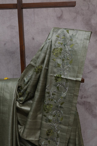 Moss  Green Machine Embroidered Tussar Silk Saree-SRMGMETSS721