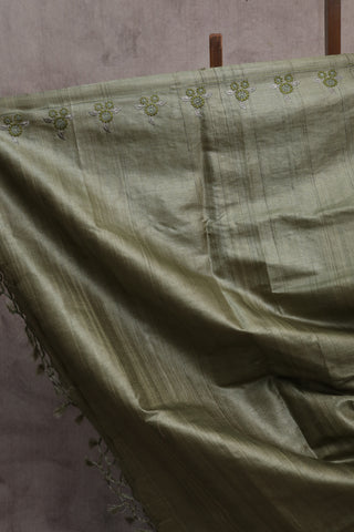 Moss  Green Machine Embroidered Tussar Silk Saree-SRMGMETSS721