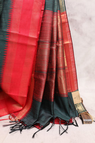 Bottle Green Raw Silk Saree - SRBGRSS456