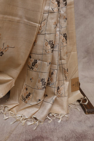 Beige-Kashish Machine Embroidered Tussar Silk Saree-SRBKMETSS718