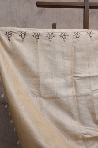 Beige-Kashish Machine Embroidered Tussar Silk Saree-SRBKMETSS718