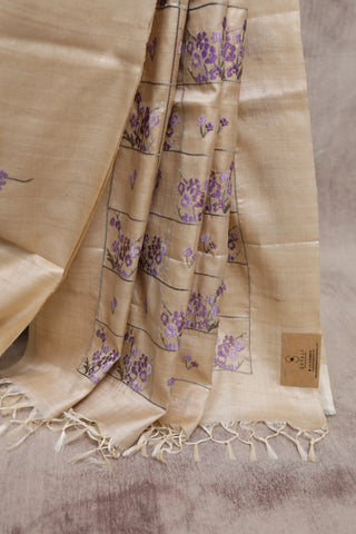 Beige-Purple Machine Embroidered Tussar Silk Saree-SRBPMETSS720