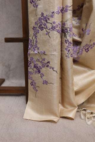 Beige-Purple Machine Embroidered Tussar Silk Saree-SRBPMETSS720