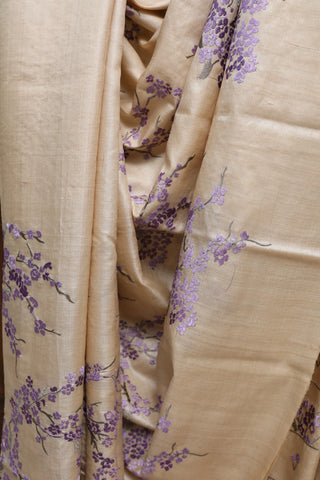 Beige-Purple Machine Embroidered Tussar Silk Saree-SRBPMETSS720