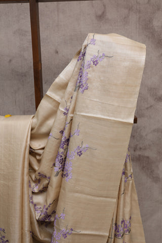 Beige-Purple Machine Embroidered Tussar Silk Saree-SRBPMETSS720