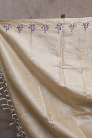 Beige-Purple Machine Embroidered Tussar Silk Saree-SRBPMETSS720