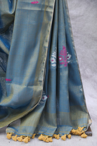 Peacock Blue Tissue Linen Jamdani Saree - SRPBTLJS70