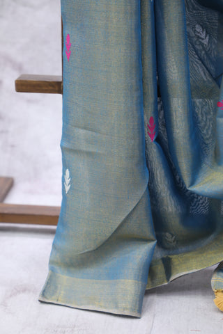 Peacock Blue Tissue Linen Jamdani Saree - SRPBTLJS70