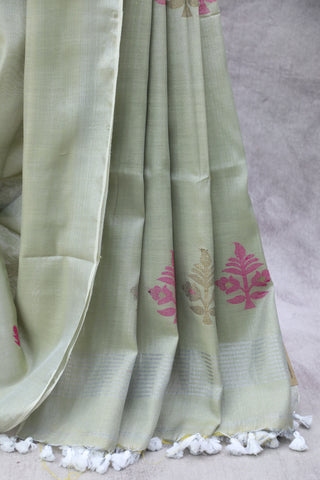 Olive Tissue Linen Jamdani Saree - SROTLJS82