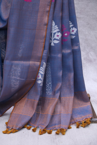 Peacock Blue Tissue Linen Jamdani Saree - SRPBTLJS78