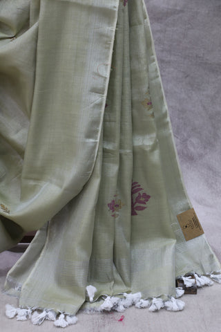 Olive Tissue Linen Jamdani Saree - SROTLJS83