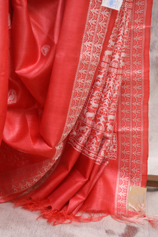 Red Tussar Silk Saree - SRRTSS766