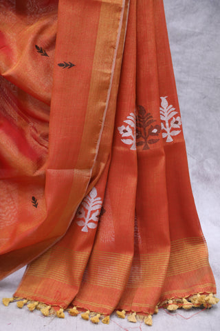 Brick Orange Tissue Linen Jamdani Saree - SRBOTLJS59