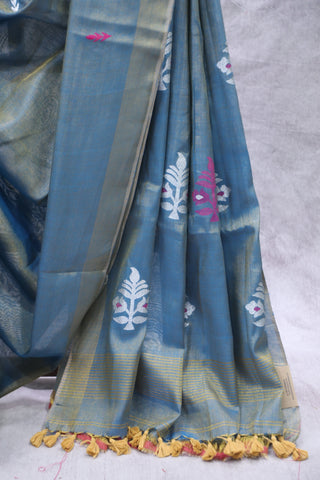 Peacock Blue Tissue Linen Jamdani Saree - SRPBTLJS60