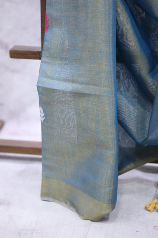 Peacock Blue Tissue Linen Jamdani Saree - SRPBTLJS60